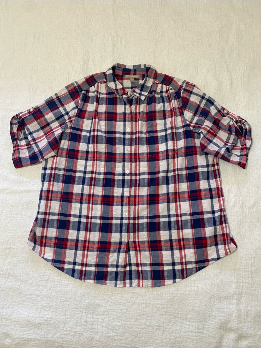 Woman Within Button Down Shirt 1X 22/24 Roll Tab Short Sleeve Red Blue